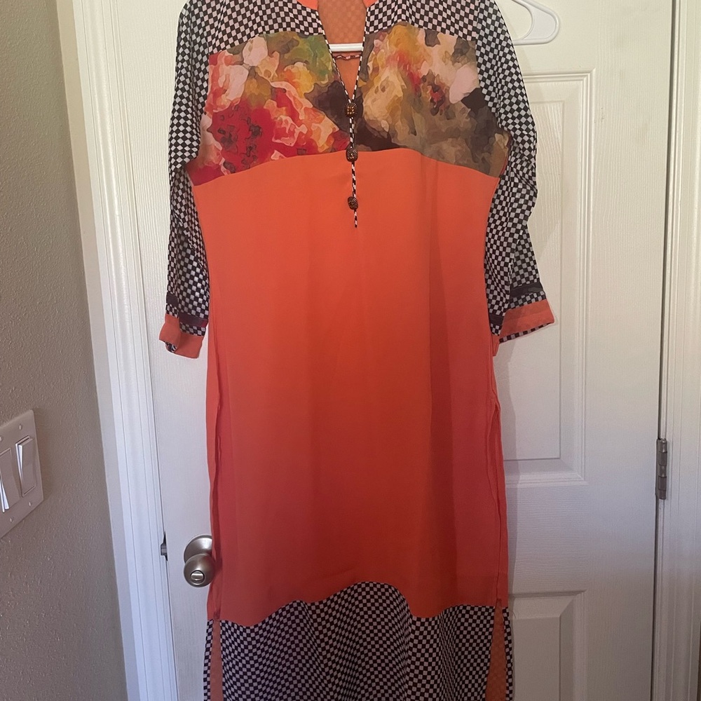 Orange Floral & Checker Mixed-Print Women's Dress